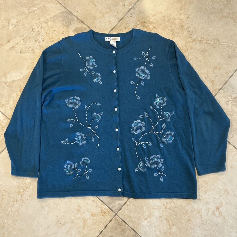 Dress Barn Vintage Embellished Studded Cardigan Sweater Blue Flowers Size 18/20